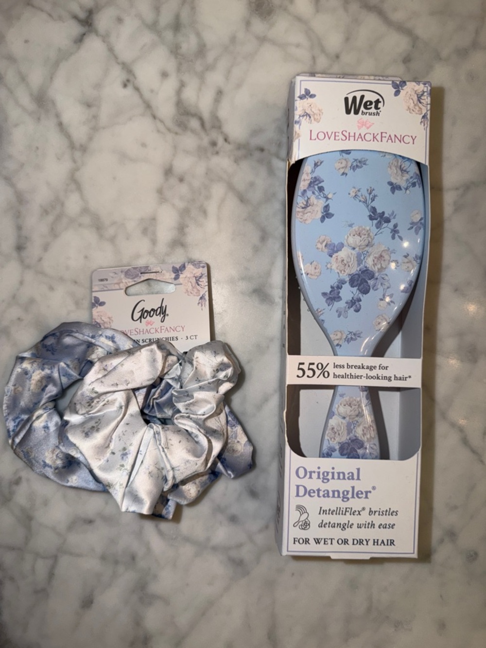 LoveShackFancy x Goody Blue Floral Detangler Brush with satin scrunchies